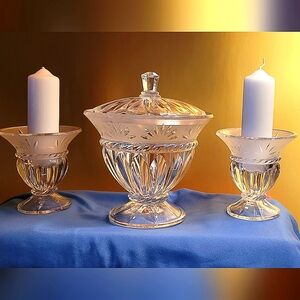 Vintage cut glass candy dish and candle holders